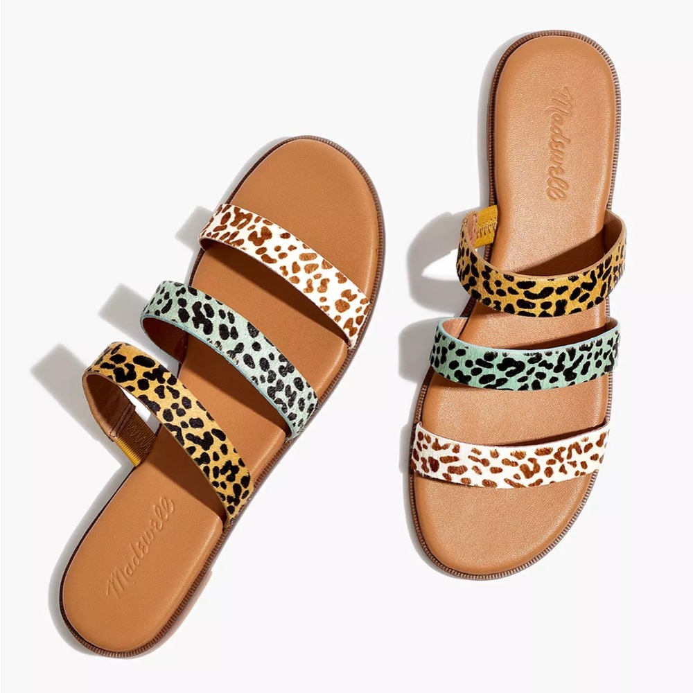 Madewell Triple-Strip Leopard Print Slide Sandals in Tan, Mint & White